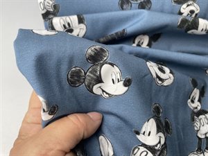 Bomuldsjersey - Mickey mouse på støvet blå bund